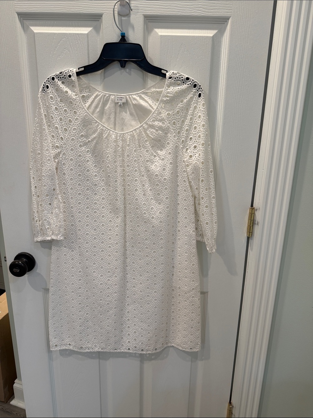 Crown & Ivy Brand White Eyelet Long-Sleeve Shift Dress worn once! Size 6